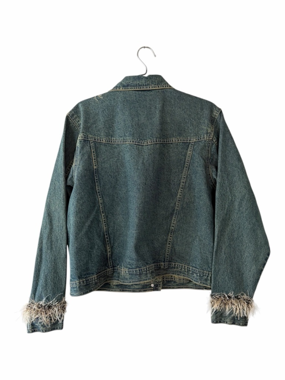 Vintage 90s Bill Blass Denim Jacket Dog Pins Fringe Trim Boho Chic Westercore - Picture 3 of 14